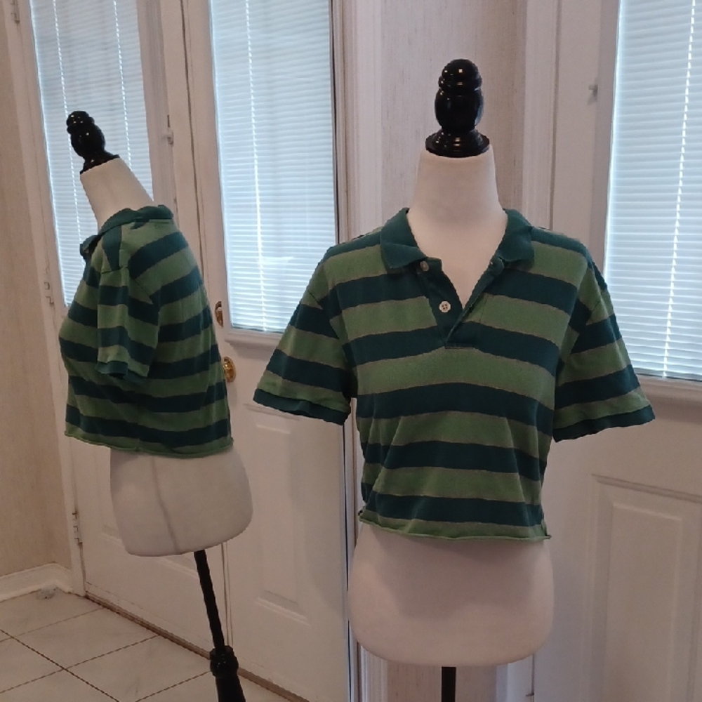 4/$30 Cropped Polo Shirt with Green Stripes - Size Small